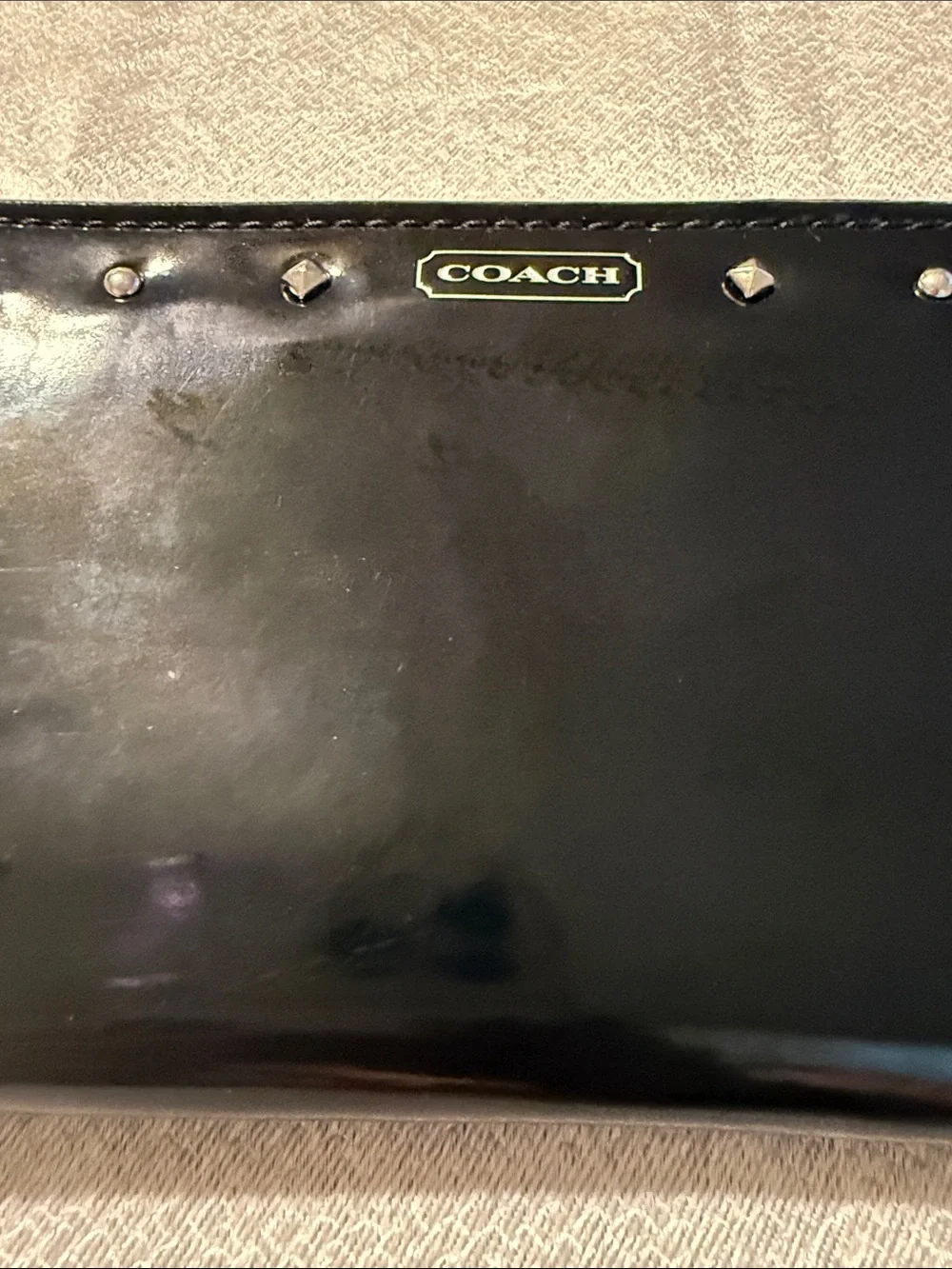 Coach Black Patent Leather Zip Card Holder with Stud Accents